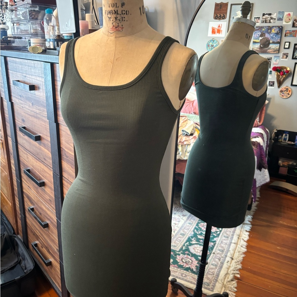 Army Green Ribbed Bodycon Tank Dress